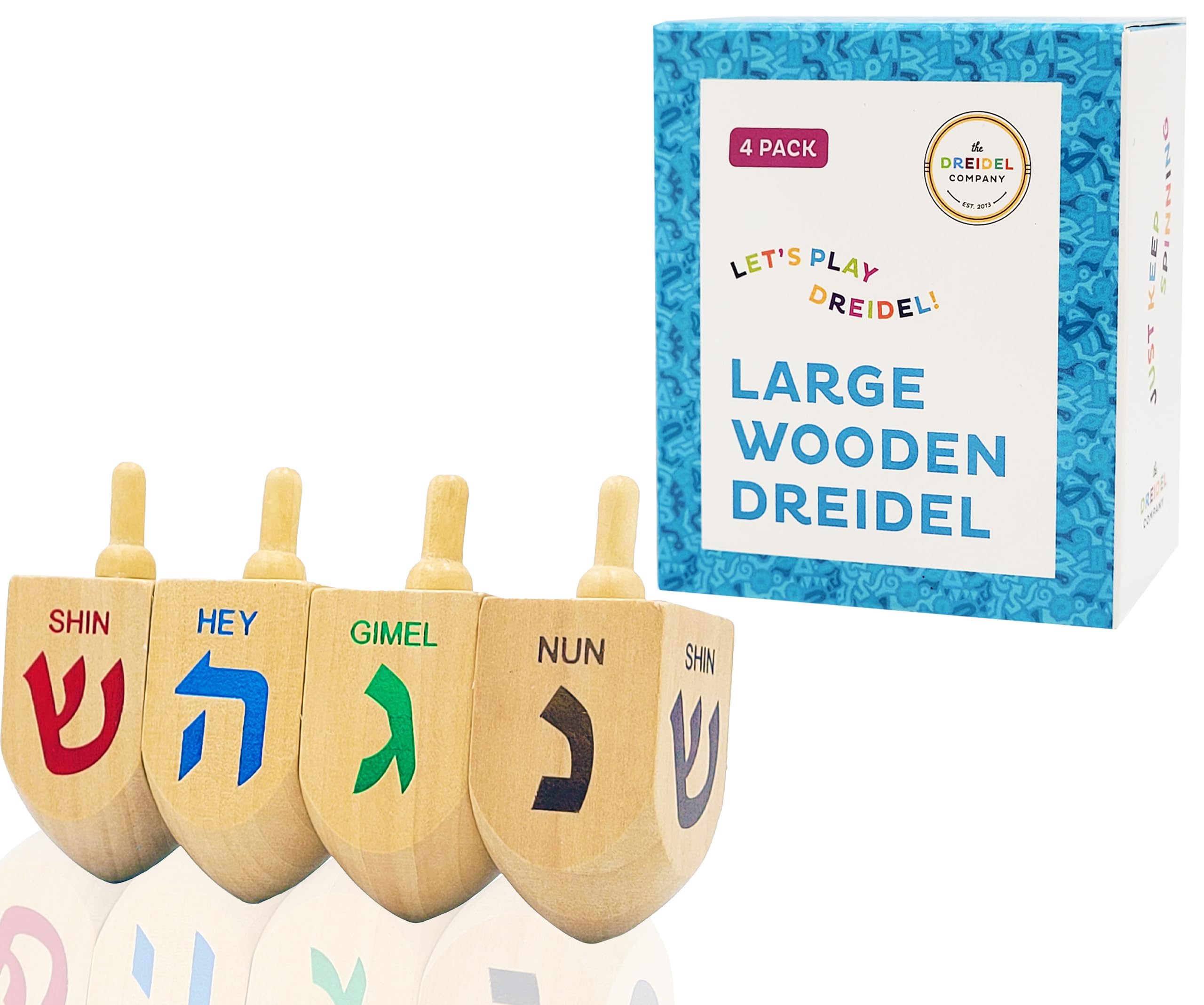 The Dreidel Company XL Wooden Dreidels, 4-Pack Hand Painted 3-Inch Spinning Tops with Hebrew Letters & Game Instructions