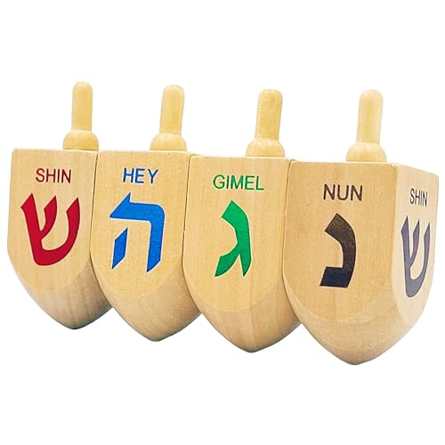 The Dreidel Company XL Wooden Dreidels, 4-Pack Hand Painted 3-Inch Spinning Tops with Hebrew Letters & Game Instructions