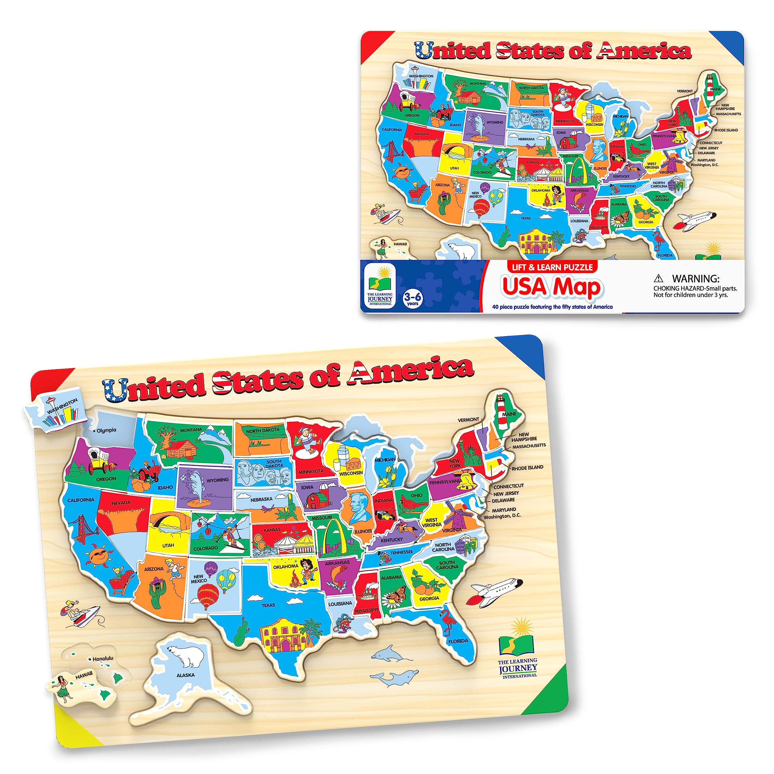 The Learning Journey Lift & Learn USA Map Puzzle – 40 Pieces, Raised Pieces for Easy Grasping, Ages 3+