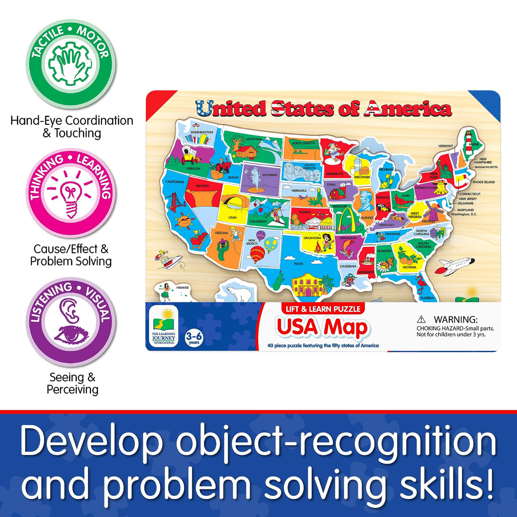 The Learning Journey Lift & Learn USA Map Puzzle – 40 Pieces, Raised Pieces for Easy Grasping, Ages 3+