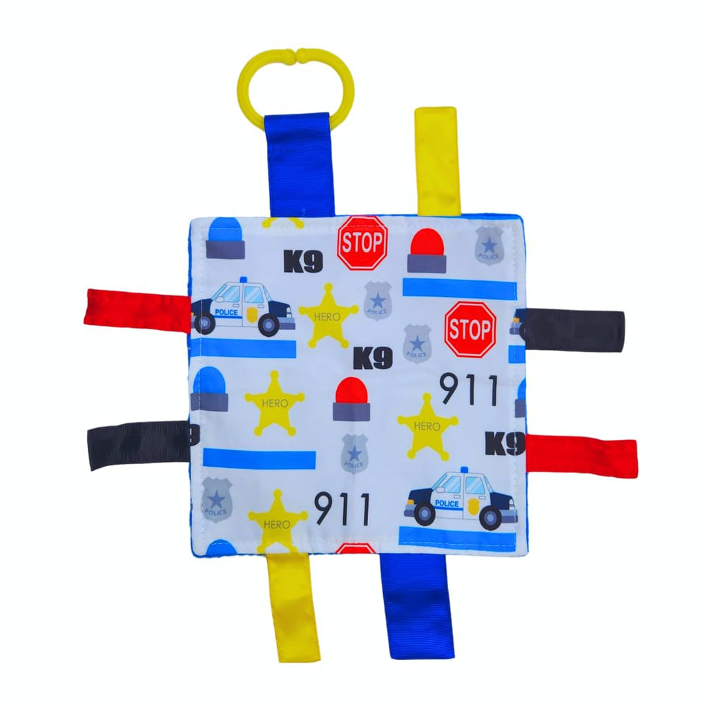 The Learning Lovey 8x8 Inch Police Blue Line Sensory Tag Toy with Crinkle Paper and Stroller Clip