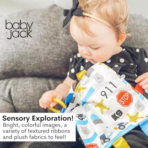 The Learning Lovey 8x8 Inch Police Blue Line Sensory Tag Toy with Crinkle Paper and Stroller Clip