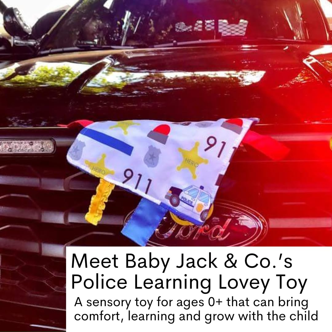 The Learning Lovey 8x8 Inch Police Blue Line Sensory Tag Toy with Crinkle Paper and Stroller Clip