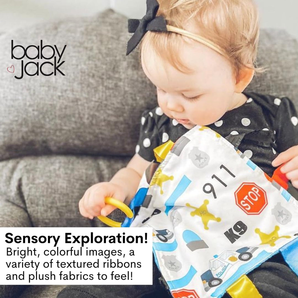 The Learning Lovey 8x8 Inch Police Blue Line Sensory Tag Toy with Crinkle Paper and Stroller Clip