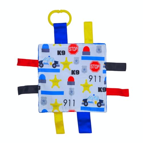The Learning Lovey 8x8 Inch Police Blue Line Sensory Tag Toy with Crinkle Paper and Stroller Clip