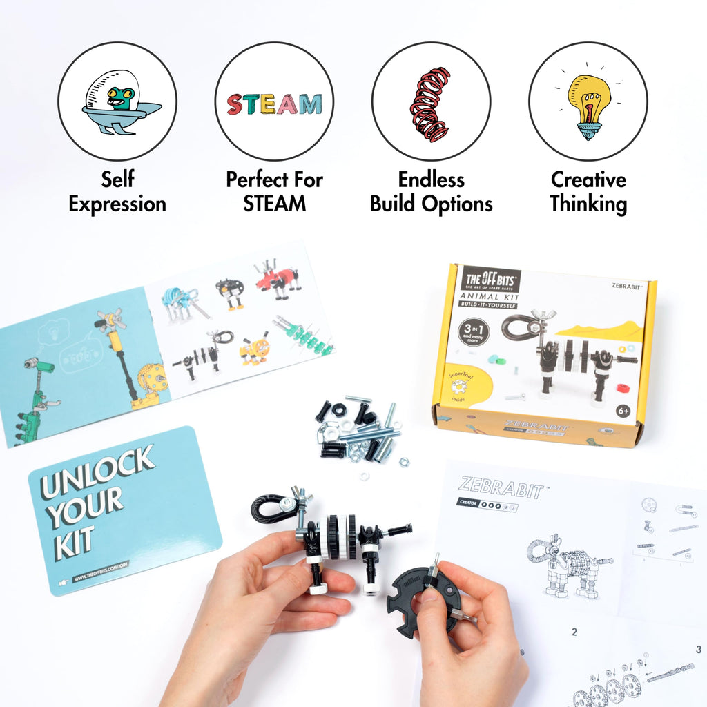 The Off Bits Black Zebra Erector Set – Animal Mini STEM Building Toy for Kids 6+ with Nuts & Bolts