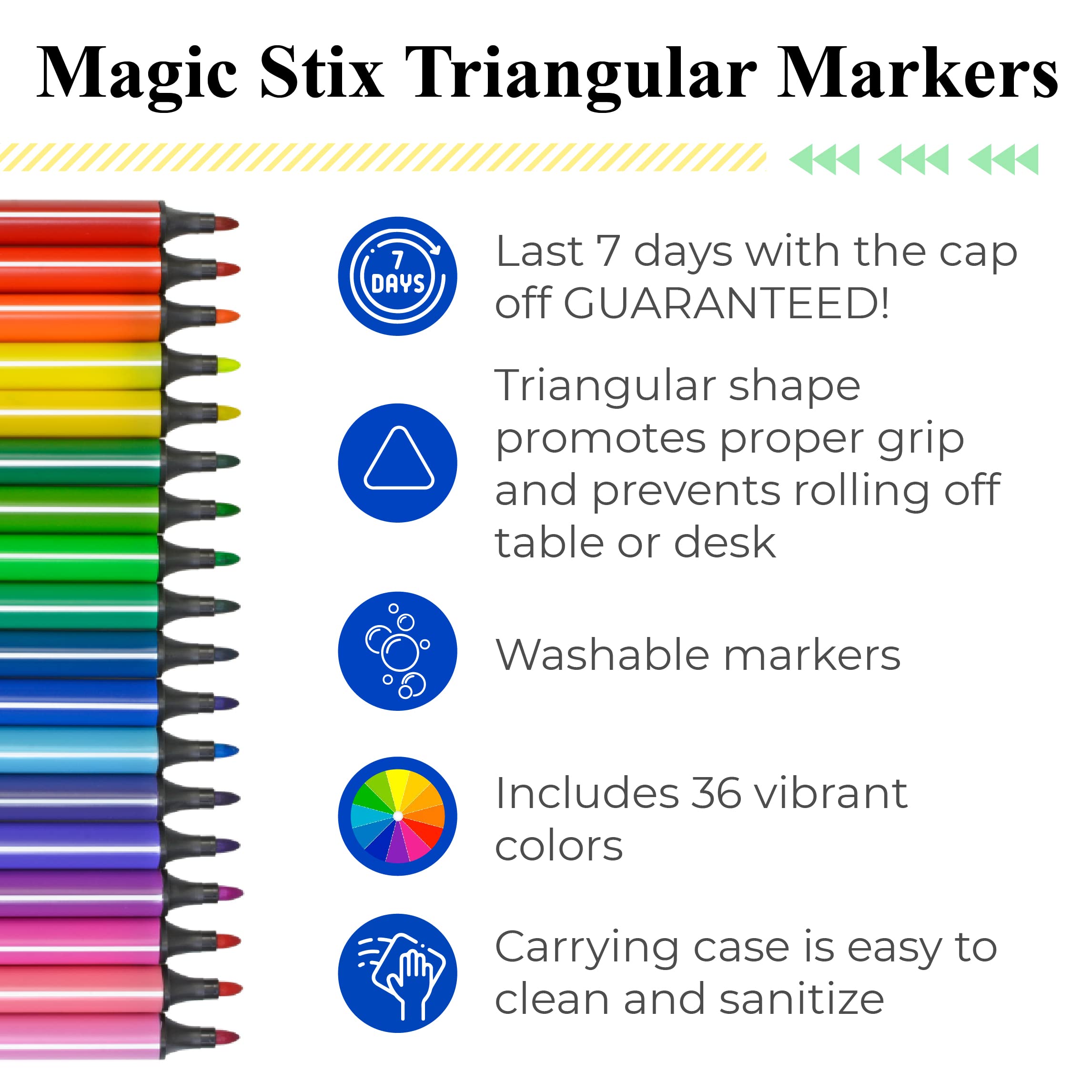 The Pencil Grip Magic Tri Stix 36-Pack – Non-Toxic Washable Triangular Markers for Kids