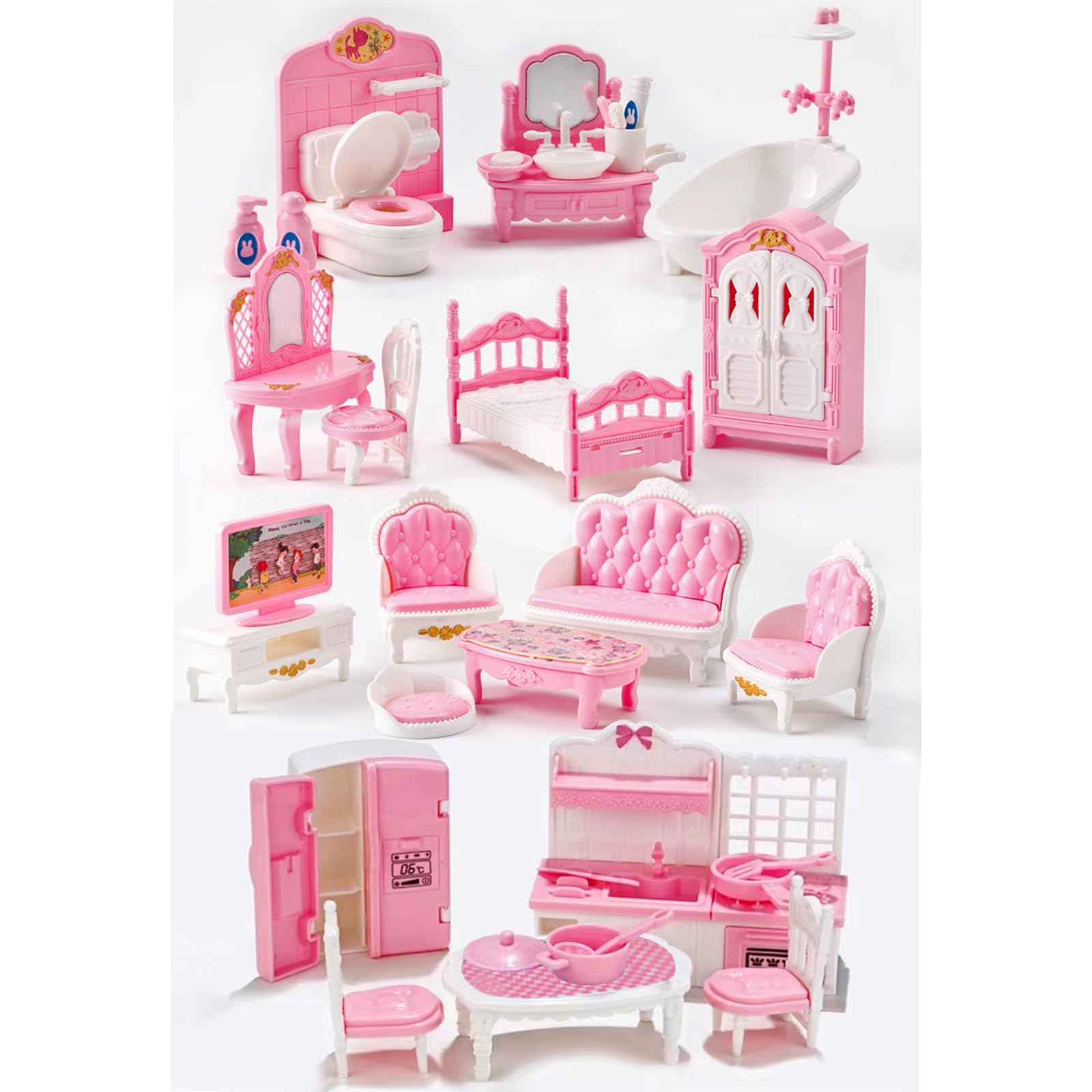 Thildani 35 Pcs Dollhouse Furniture Set – Miniature 1:12 Scale Bedroom, Bathroom, Kitchen & Living Room Accessories for Toddlers 3+