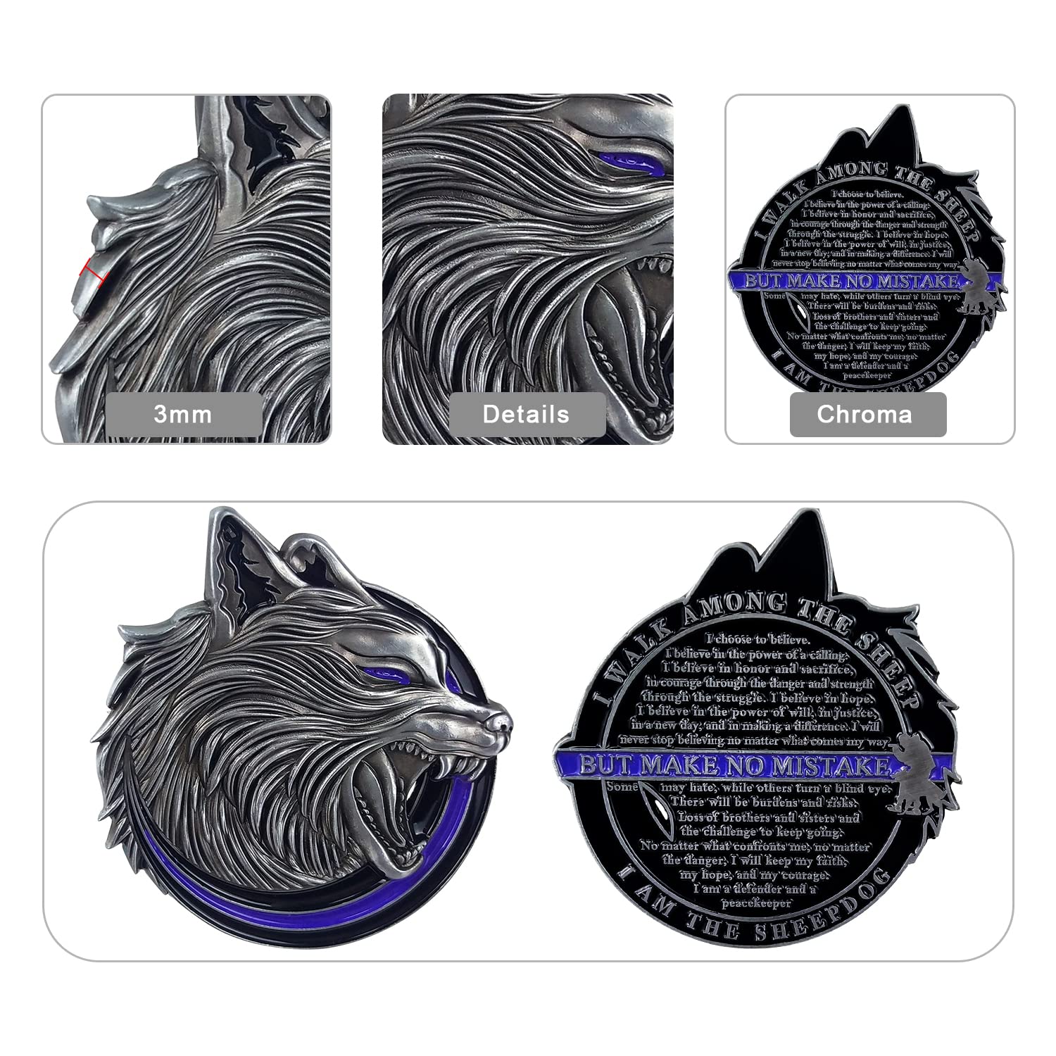 Thin Blue Line Police Sheepdog Challenge Coin – Wolf Head Shape, Imasoner