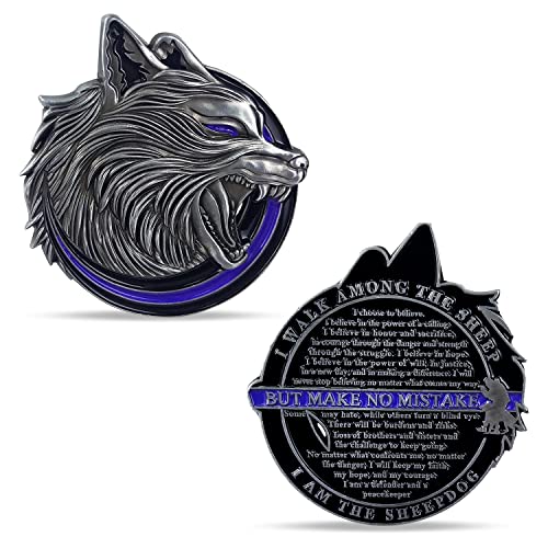 Thin Blue Line Police Sheepdog Challenge Coin – Wolf Head Shape, Imasoner