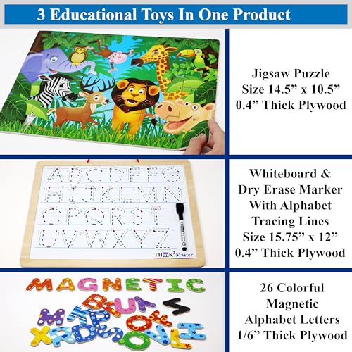 THINK2MASTER Alphabet Animal Puzzle – 14.5” x 10.5” Wooden Learning Set