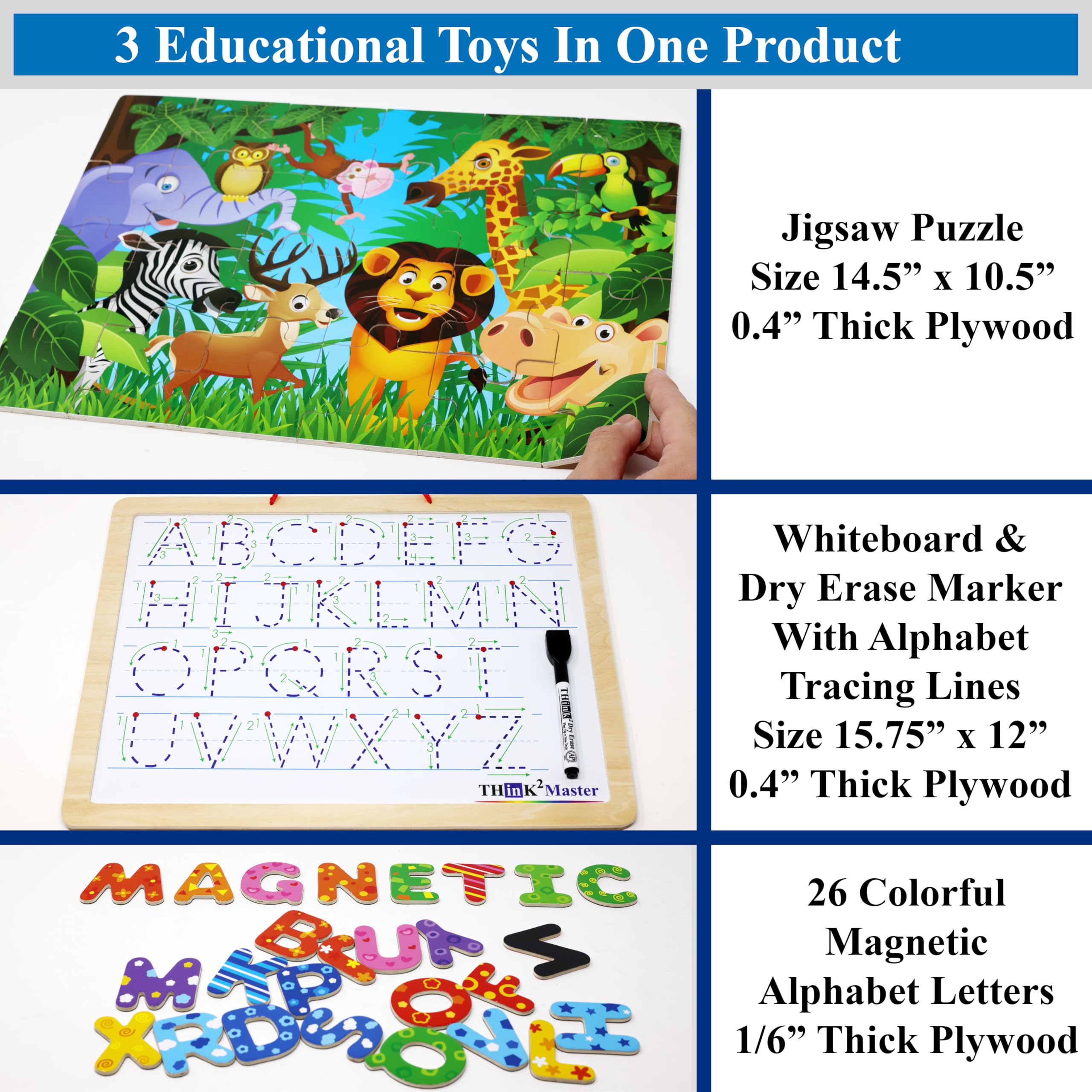 THINK2MASTER Alphabet Animal Puzzle – 14.5” x 10.5” Wooden Learning Set