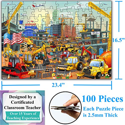 Think2Master Construction in New York City 100-Piece Jigsaw Puzzle – Family Fun with Bulldozers, Excavators & More