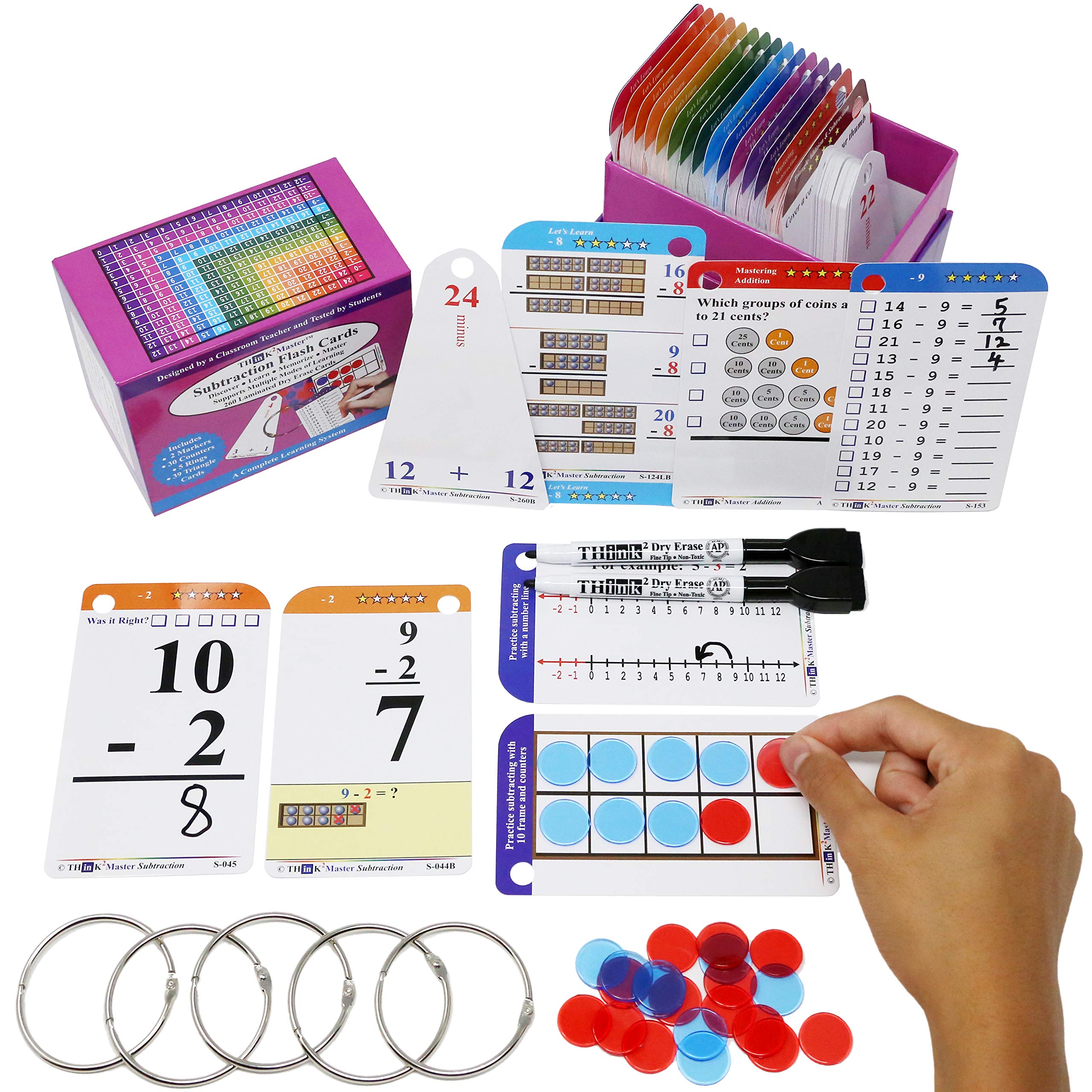 Think2Master Subtraction Flash Cards - 260 Laminated Cards with Counters and Triangle Cards for PreK-1st Grade