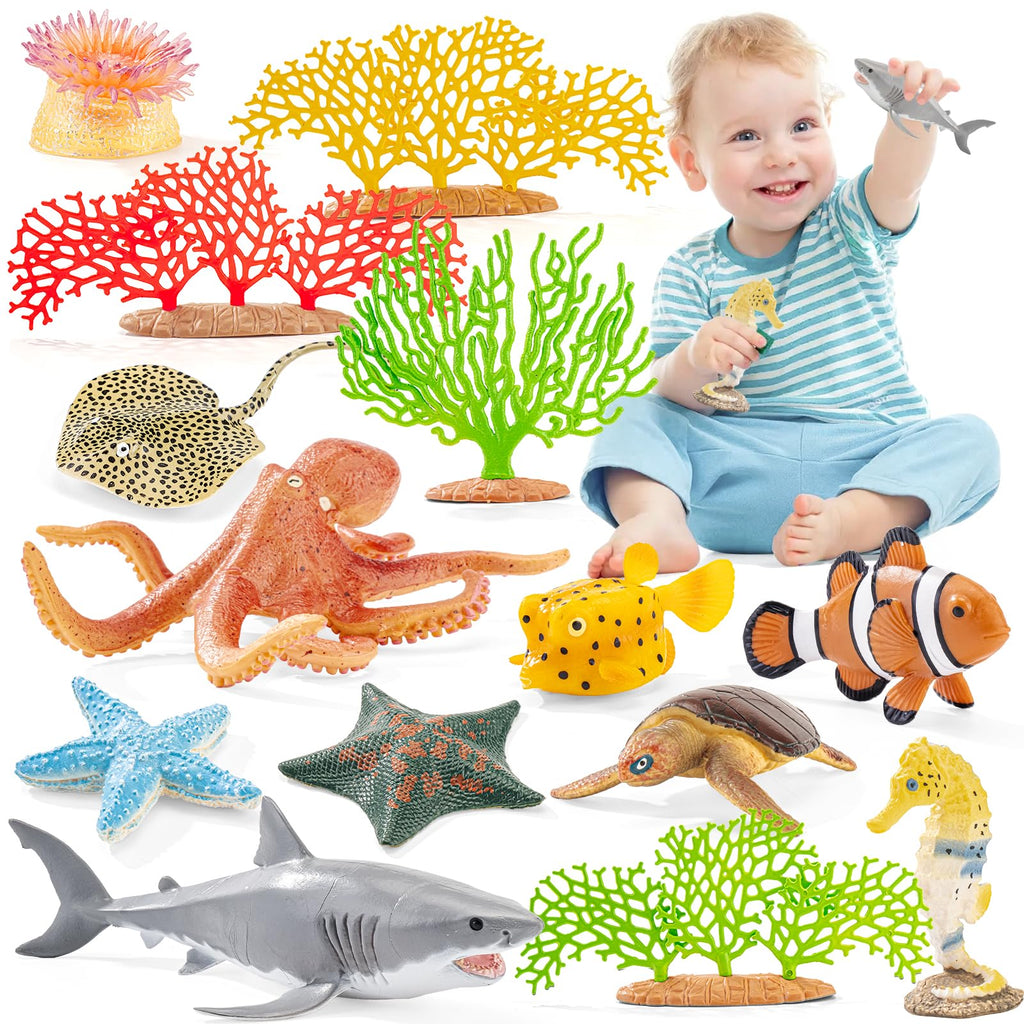THINKBAY 14-Piece Realistic Ocean Animal Toy Set - Soft Plastic Sea Creatures for Kids Ages 3-8