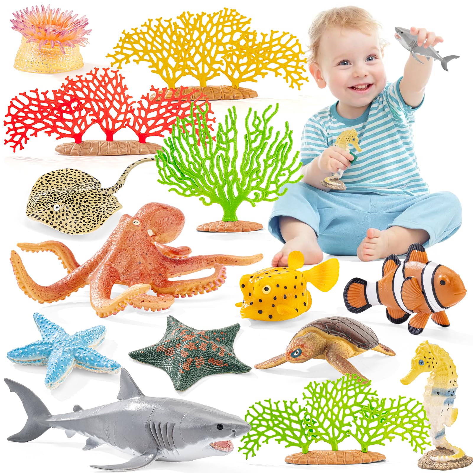 THINKBAY 14-Piece Realistic Ocean Animal Toy Set - Soft Plastic Sea Creatures for Kids Ages 3-8