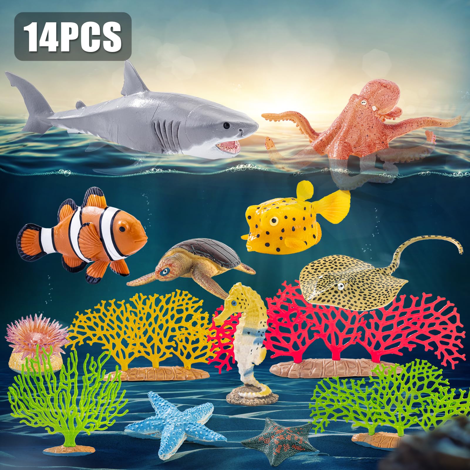 THINKBAY 14-Piece Realistic Ocean Animal Toy Set - Soft Plastic Sea Creatures for Kids Ages 3-8