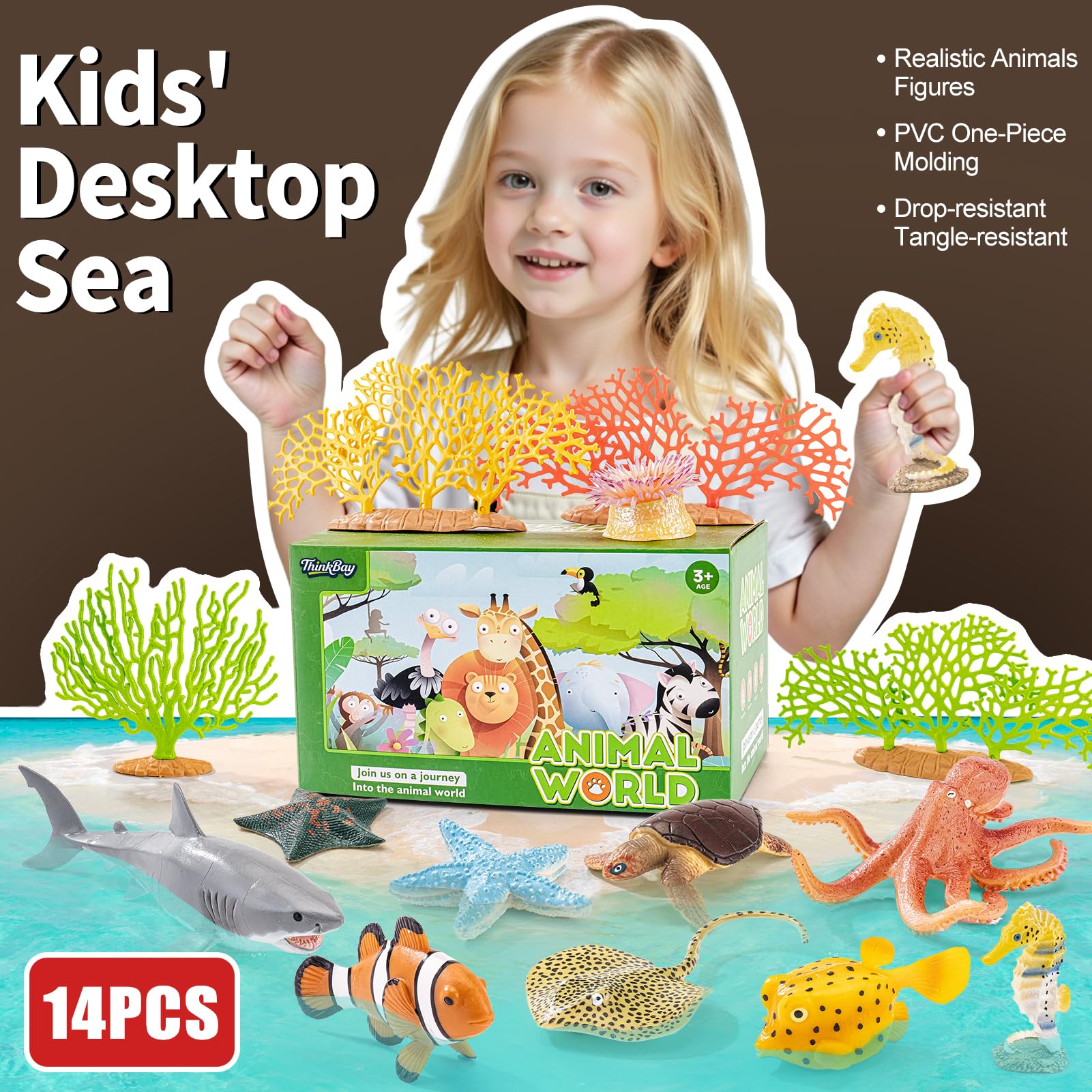 THINKBAY 14-Piece Realistic Ocean Animal Toy Set - Soft Plastic Sea Creatures for Kids Ages 3-8