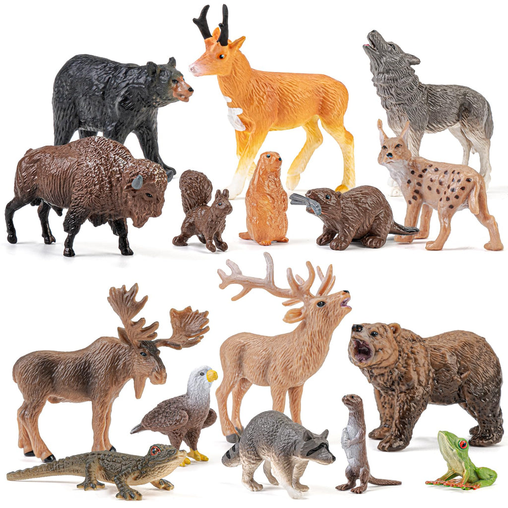 THINKBAY 16PCS Mini North American Forest Animals Figurines - Realistic Wolf, Bear, Bison, Reindeer & More - Educational Toy Set for Kids