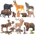 THINKBAY 16PCS Mini North American Forest Animals Figurines - Realistic Wolf, Bear, Bison, Reindeer & More - Educational Toy Set for Kids