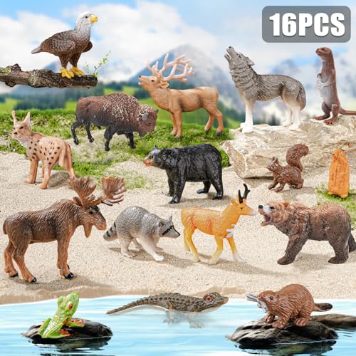 THINKBAY 16PCS Mini North American Forest Animals Figurines - Realistic Wolf, Bear, Bison, Reindeer & More - Educational Toy Set for Kids