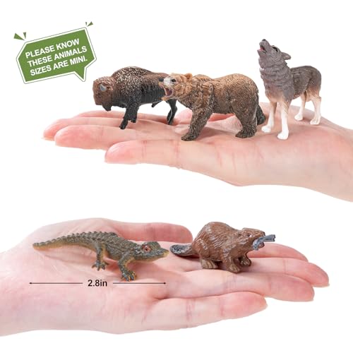 THINKBAY 16PCS Mini North American Forest Animals Figurines - Realistic Wolf, Bear, Bison, Reindeer & More - Educational Toy Set for Kids