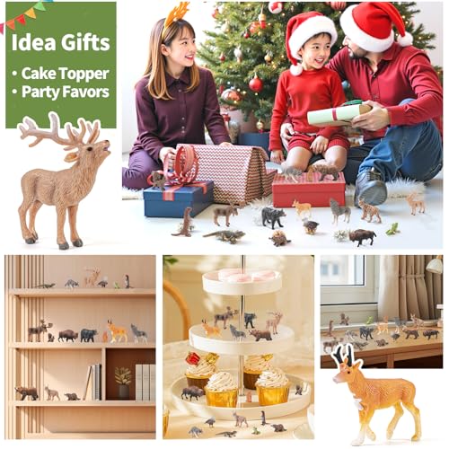 THINKBAY 16PCS Mini North American Forest Animals Figurines - Realistic Wolf, Bear, Bison, Reindeer & More - Educational Toy Set for Kids