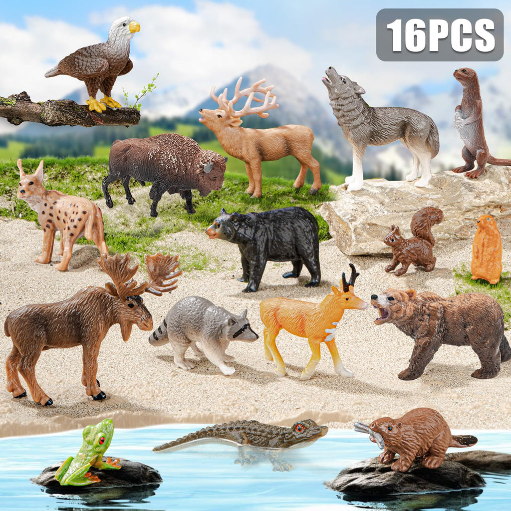 THINKBAY 16PCS Mini North American Forest Animals Figurines - Realistic Wolf, Bear, Bison, Reindeer & More - Educational Toy Set for Kids