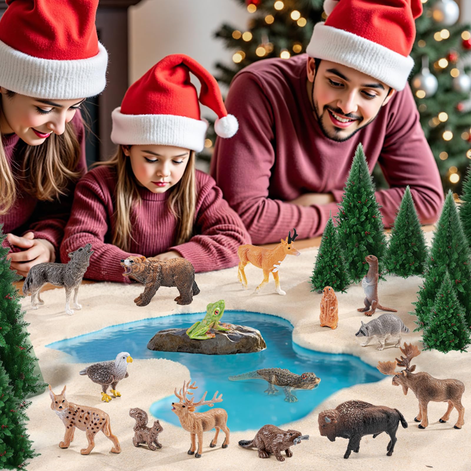 THINKBAY 16PCS Mini North American Forest Animals Figurines - Realistic Wolf, Bear, Bison, Reindeer & More - Educational Toy Set for Kids
