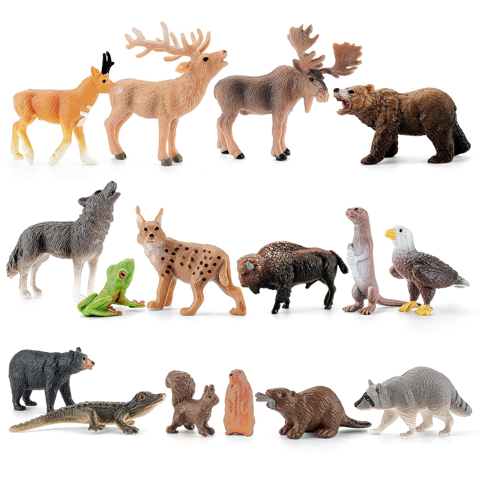 THINKBAY 16PCS Mini North American Forest Animals Figurines - Realistic Wolf, Bear, Bison, Reindeer & More - Educational Toy Set for Kids