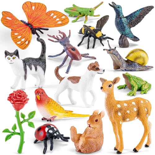 THINKBAY Realistic Animal Figurines Set - 14 Pieces of Insects, Birds, Mammals & Reptiles for Kids Educational Play and Nature Exploration