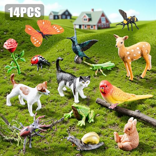 THINKBAY Realistic Animal Figurines Set - 14 Pieces of Insects, Birds, Mammals & Reptiles for Kids Educational Play and Nature Exploration