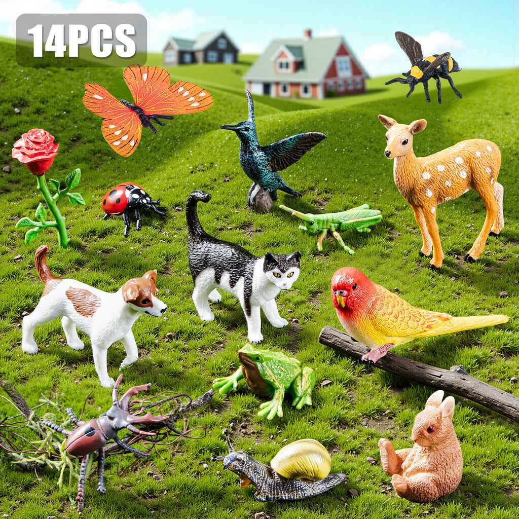 THINKBAY Realistic Animal Figurines Set - 14 Pieces of Insects, Birds, Mammals & Reptiles for Kids Educational Play and Nature Exploration
