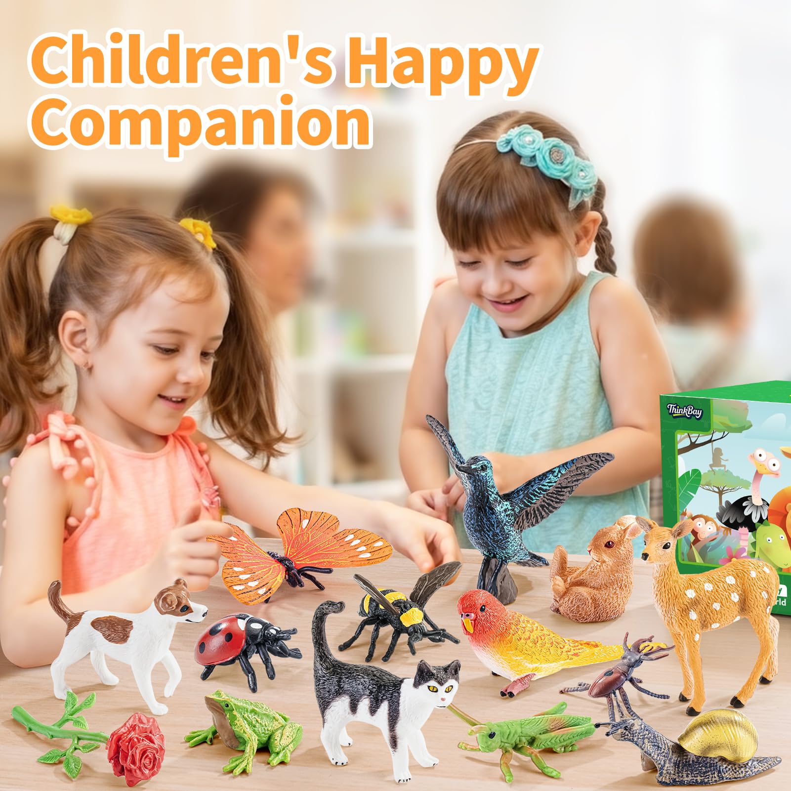 THINKBAY Realistic Animal Figurines Set - 14 Pieces of Insects, Birds, Mammals & Reptiles for Kids Educational Play and Nature Exploration