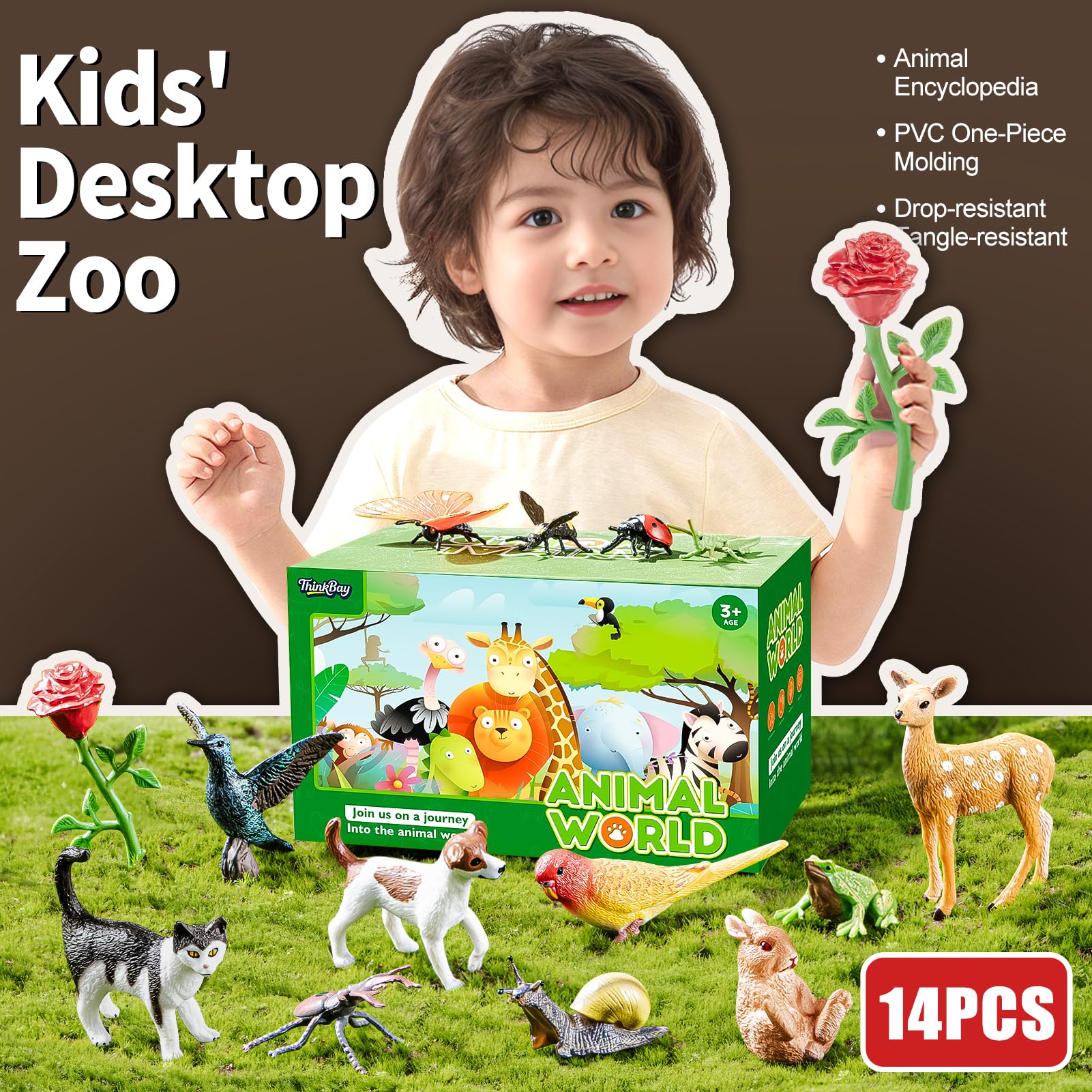 THINKBAY Realistic Animal Figurines Set - 14 Pieces of Insects, Birds, Mammals & Reptiles for Kids Educational Play and Nature Exploration