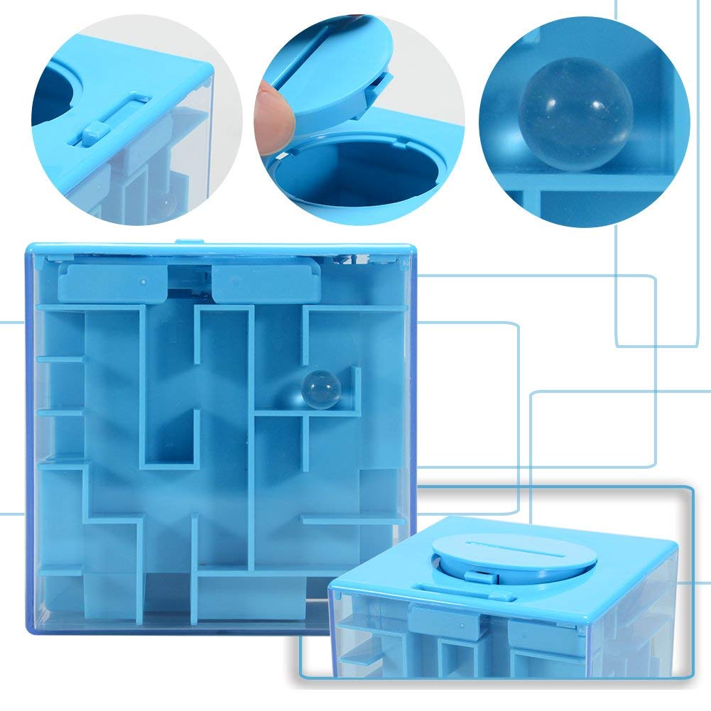 ThinkMax Money Maze Puzzle Box – Blue Acrylic Savings Bank with Ball Maze for Kids Ages 6+