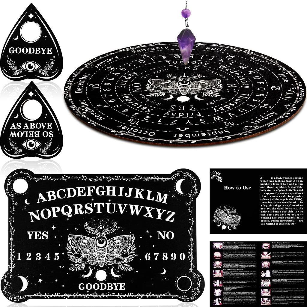 Threan Pendulum Dowsing Board Set with Amethyst – Wooden Spirit Talking Board & Planchette for Divination