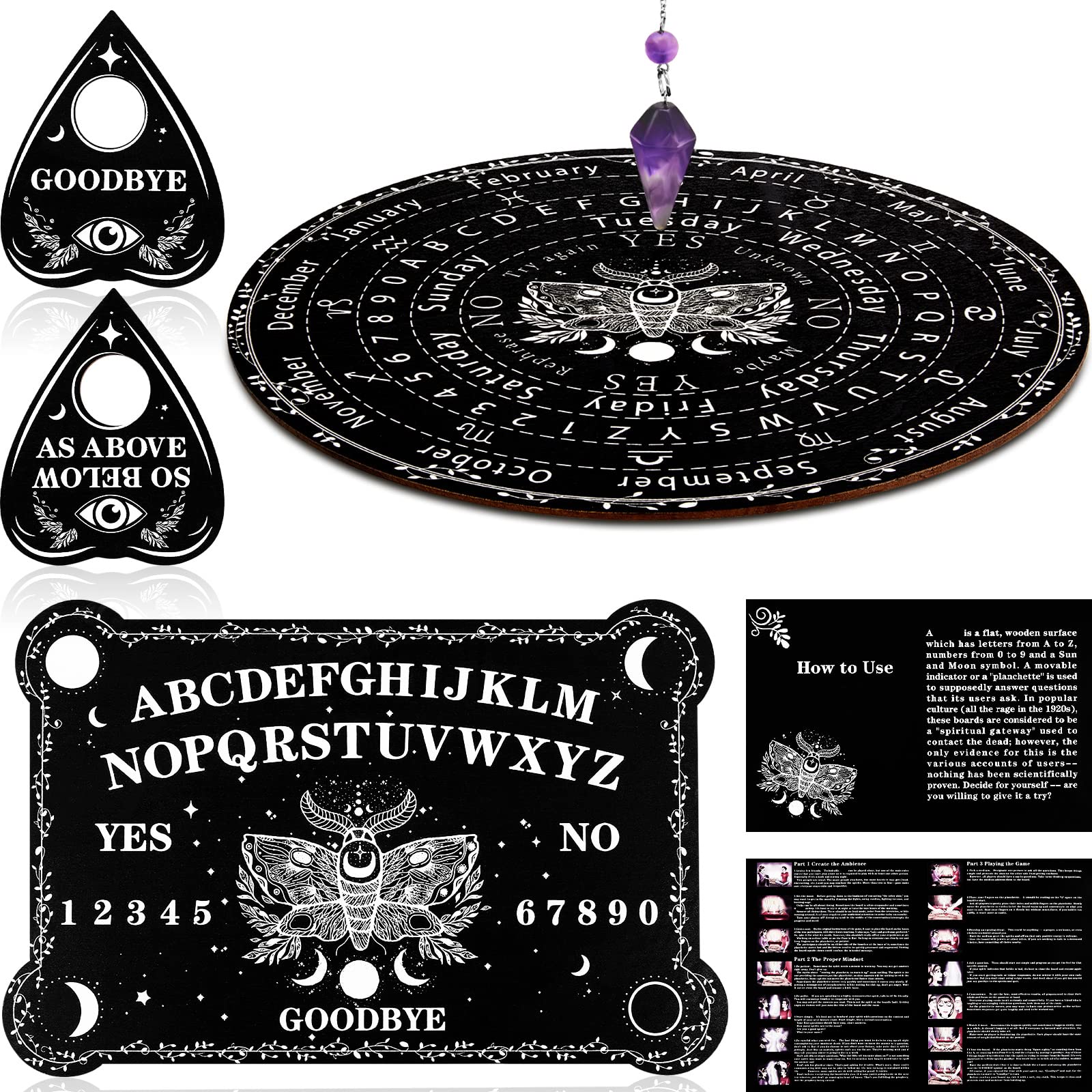Threan Pendulum Dowsing Board Set with Amethyst – Wooden Spirit Talking Board & Planchette for Divination