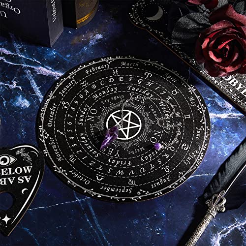 Threan Wooden Pendulum Board with Amethyst Crystal and Planchette – Divination Tool with Letters, Numbers, Constellations