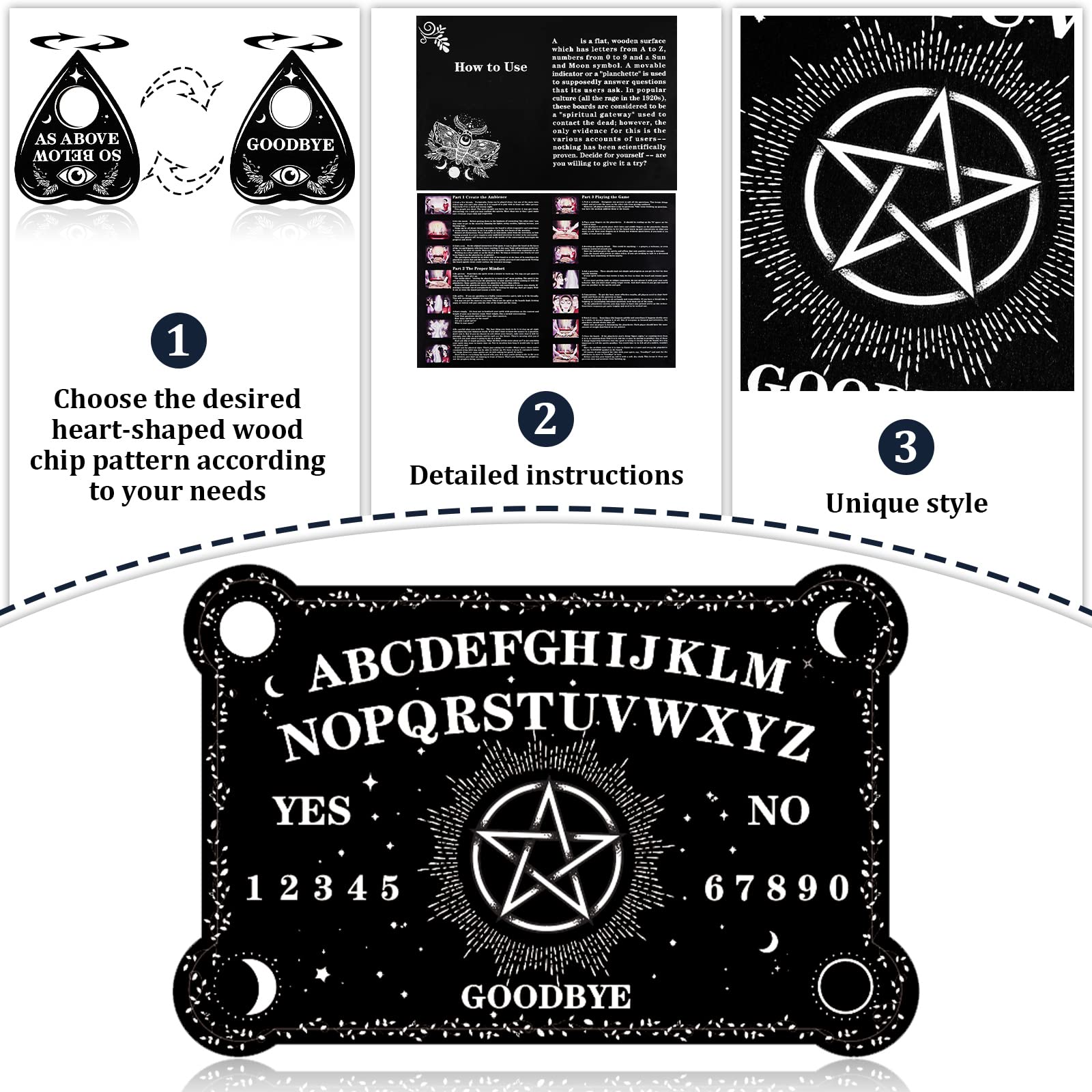 Threan Wooden Pendulum Board with Amethyst Crystal and Planchette – Divination Tool with Letters, Numbers, Constellations