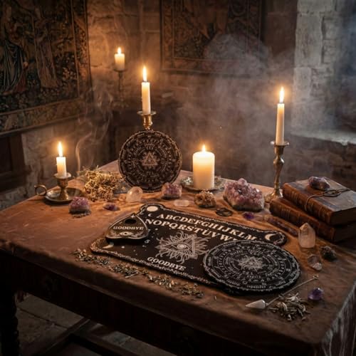 Threan Wooden Pendulum Dowsing Divination Board with Amethyst Crystal Necklace - Spirit Talking Board with Planchette for Wiccan Supplies (Eye Style)