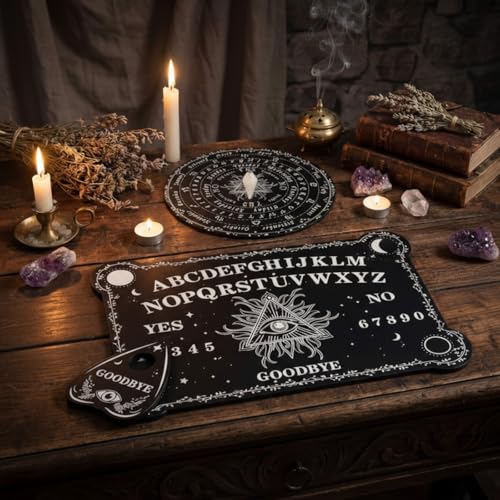 Threan Wooden Pendulum Dowsing Divination Board with Amethyst Crystal Necklace - Spirit Talking Board with Planchette for Wiccan Supplies (Eye Style)