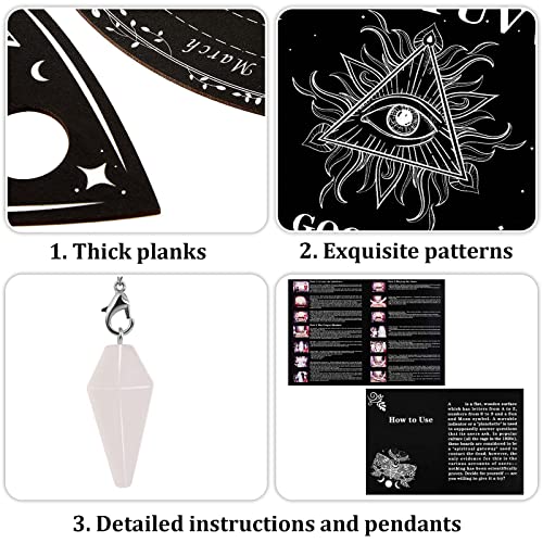 Threan Wooden Pendulum Dowsing Divination Board with Amethyst Crystal Necklace - Spirit Talking Board with Planchette for Wiccan Supplies (Eye Style)