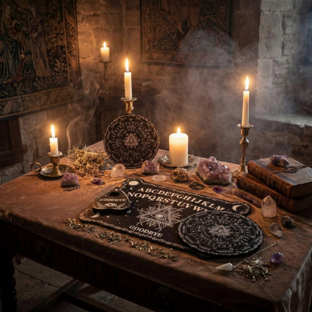 Threan Wooden Pendulum Dowsing Divination Board with Amethyst Crystal Necklace - Spirit Talking Board with Planchette for Wiccan Supplies (Eye Style)