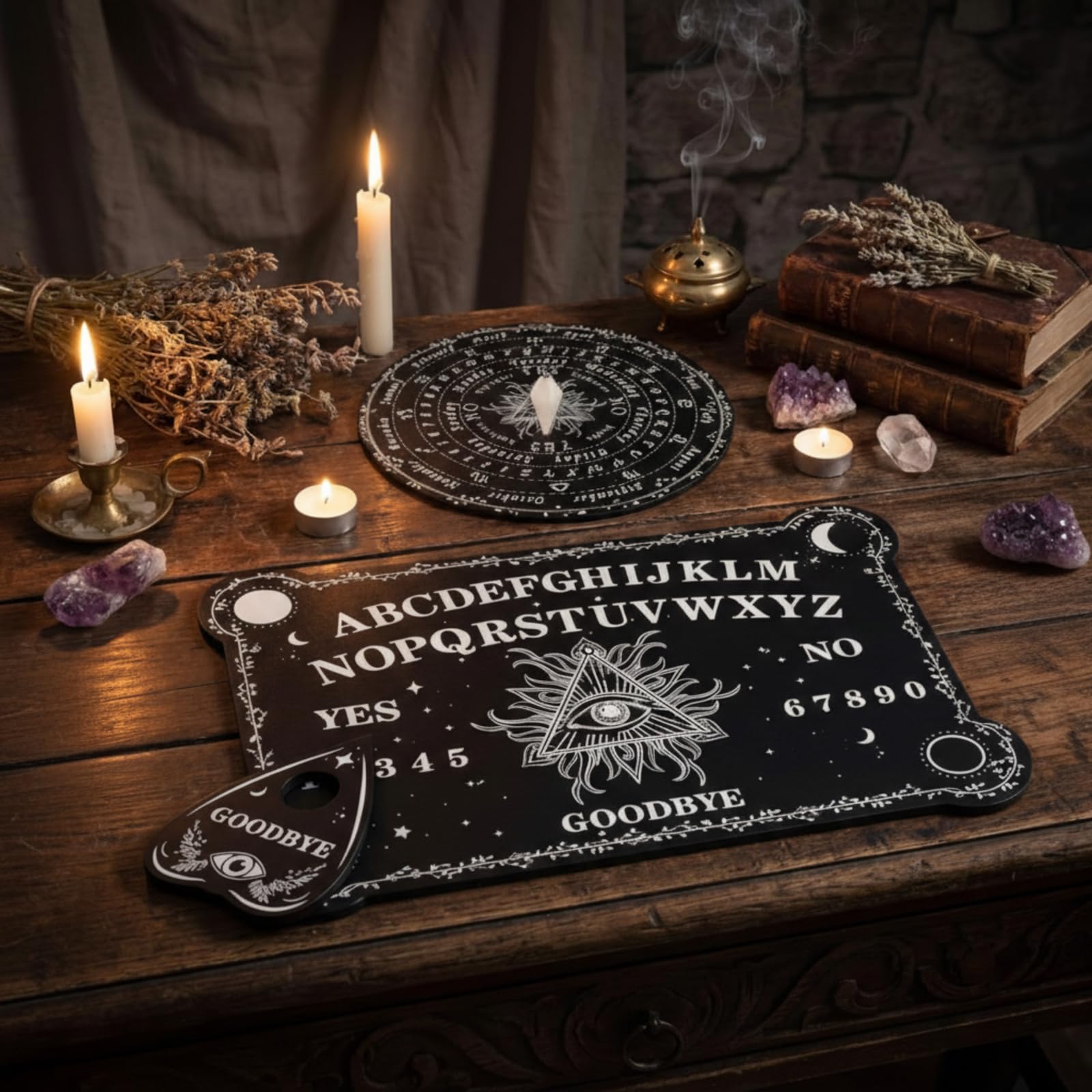 Threan Wooden Pendulum Dowsing Divination Board with Amethyst Crystal Necklace - Spirit Talking Board with Planchette for Wiccan Supplies (Eye Style)