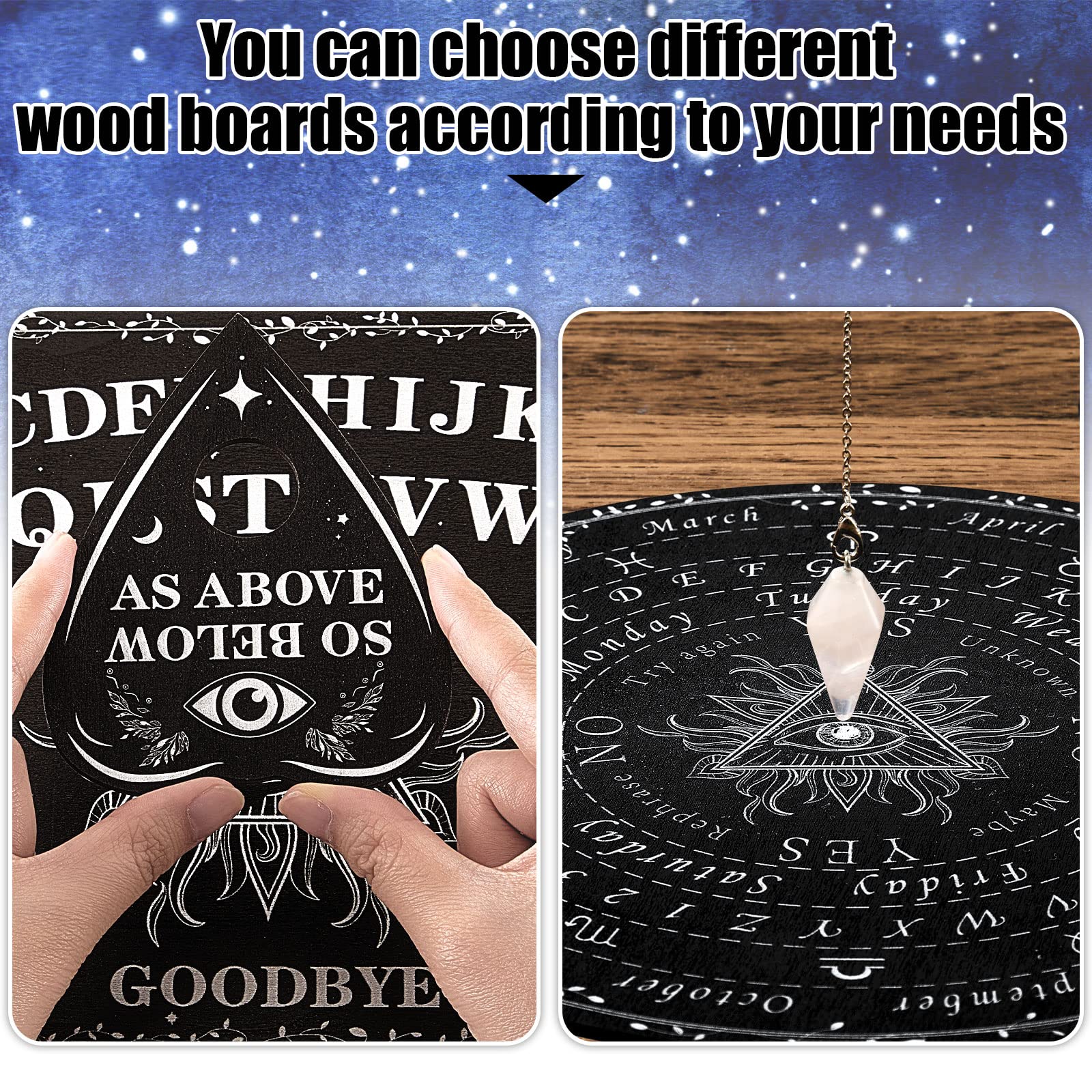 Threan Wooden Pendulum Dowsing Divination Board with Amethyst Crystal Necklace - Spirit Talking Board with Planchette for Wiccan Supplies (Eye Style)