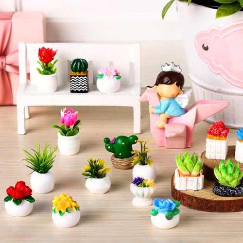 Threehoney 30-Piece Miniature Dollhouse Plants – Hand-Painted Resin Succulents & Cacti for Diorama, Bonsai, Cake Decor