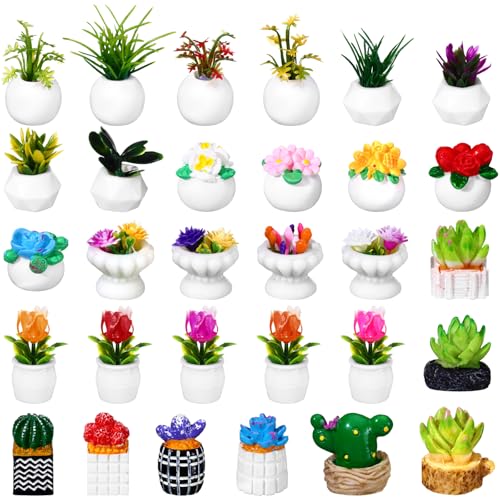 Threehoney 30-Piece Miniature Dollhouse Plants – Hand-Painted Resin Succulents & Cacti for Diorama, Bonsai, Cake Decor