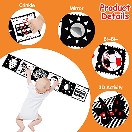 Thremhoo Black and White High Contrast Baby Toy Set - Tummy Time Soft Crinkle Book with Mirror and 3D Butterfly for Infants 0-6 Months