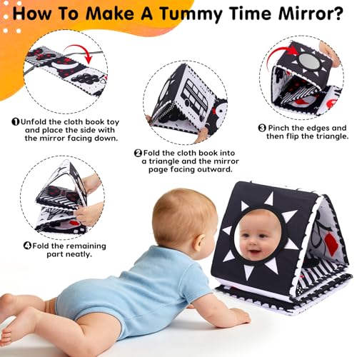 Thremhoo Black and White High Contrast Baby Toy Set - Tummy Time Soft Crinkle Book with Mirror and 3D Butterfly for Infants 0-6 Months
